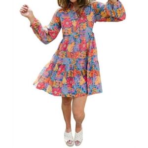 Briton Court Floral Mini Dress L-G Long Sleeve Colorful NWT